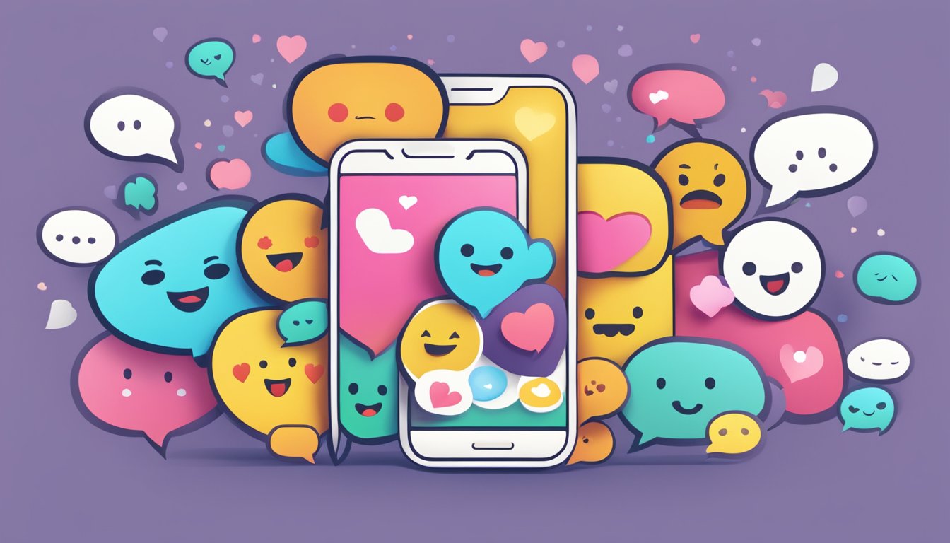 A phone with a series of text bubbles, some with heart emojis, and a mix of happy and sad expressions