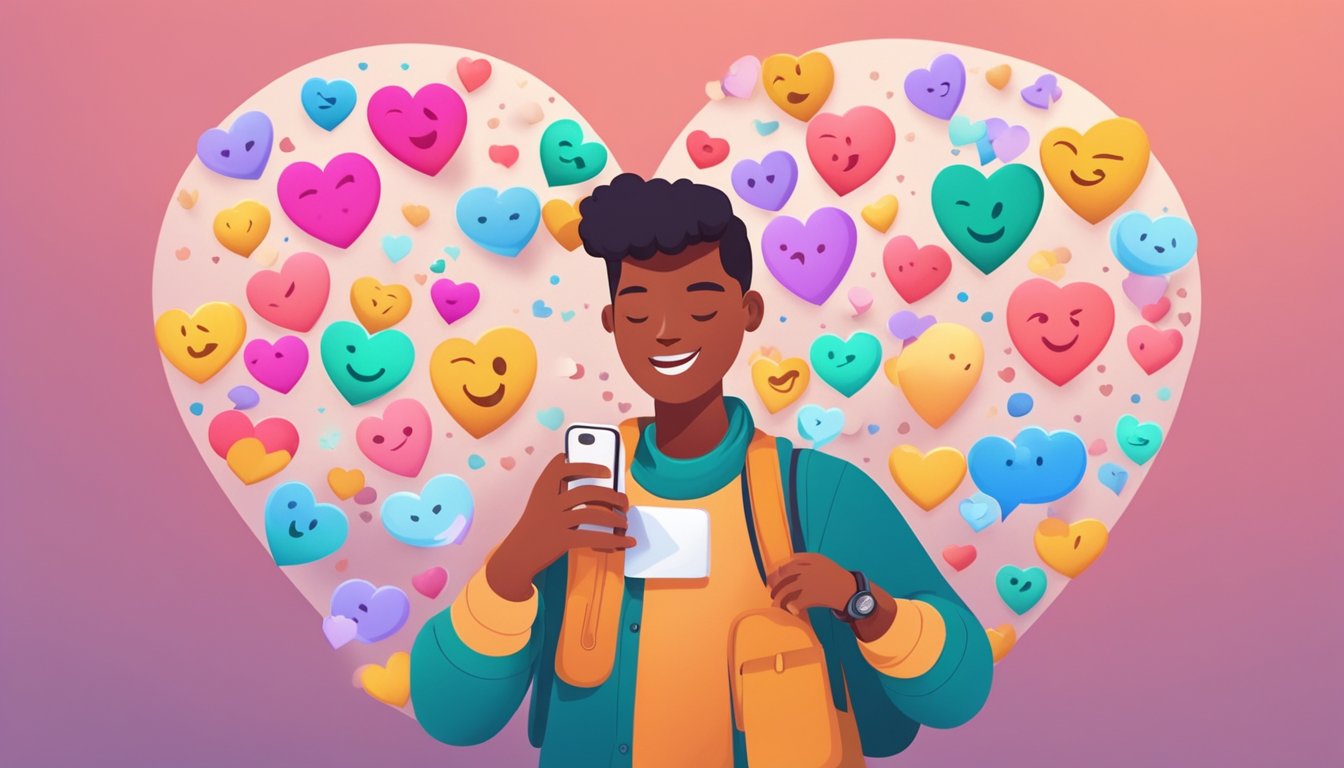 A person holding a phone with a hopeful expression, surrounded by heart emojis and messages of love