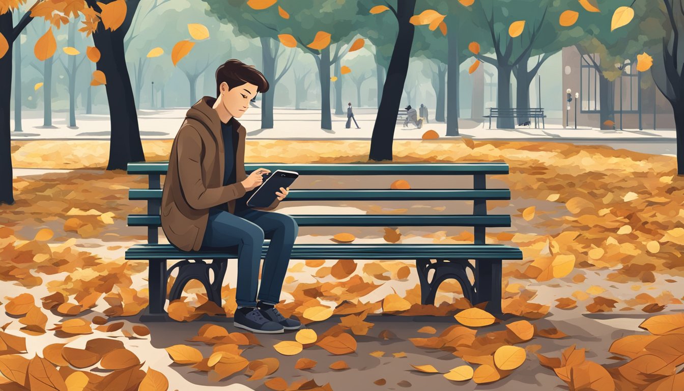 A person sitting alone on a park bench, staring at their phone with a pensive expression, surrounded by fallen leaves