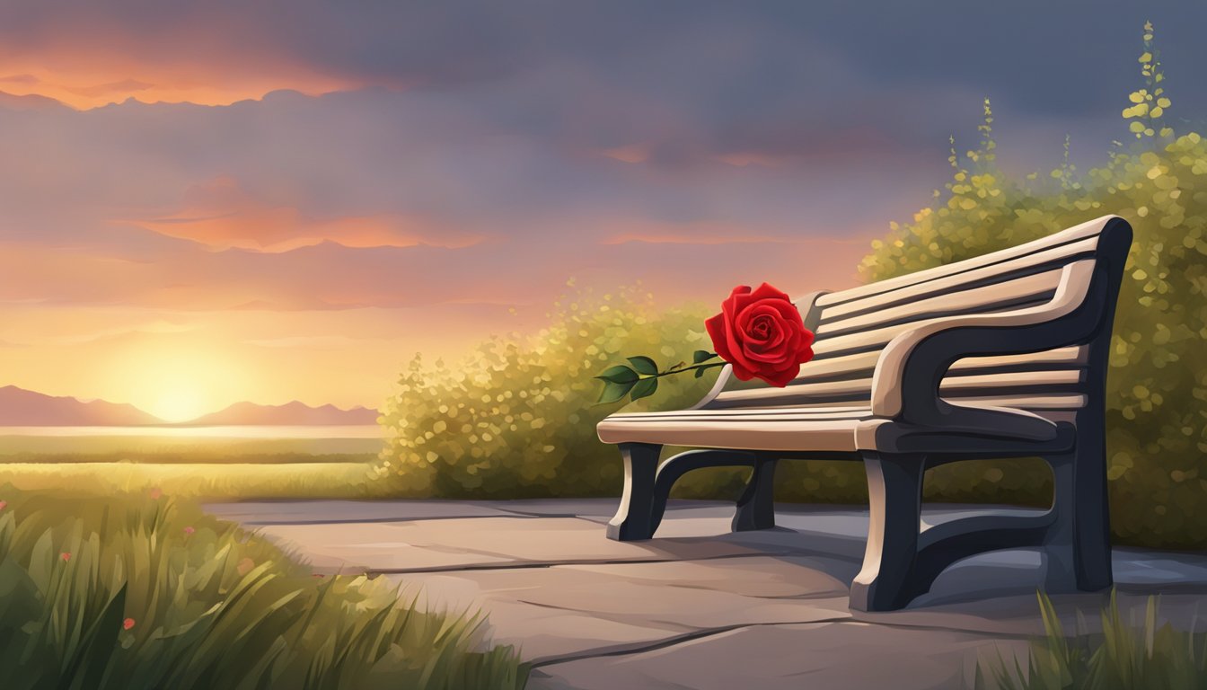 A serene park bench at sunset, with a single red rose placed on the seat, symbolizing hope and reconciliation