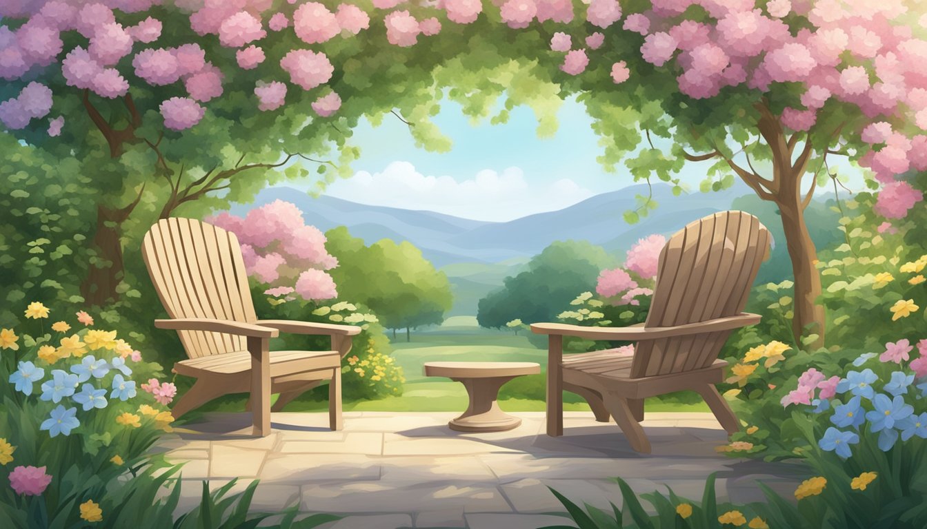 A peaceful garden with two empty chairs facing each other, surrounded by blooming flowers and a serene atmosphere