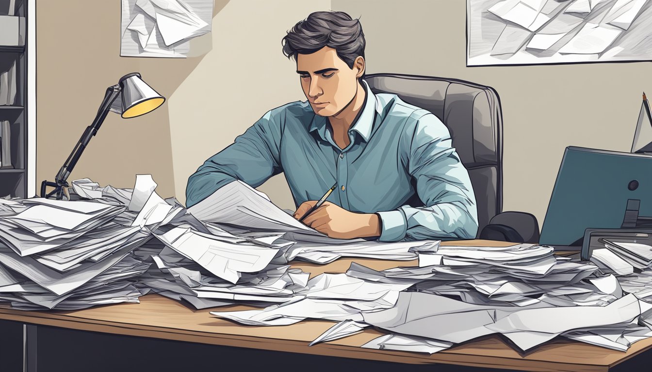 A person sitting at a desk, surrounded by crumpled papers and pens, staring at a blank sheet of paper with a look of determination and longing