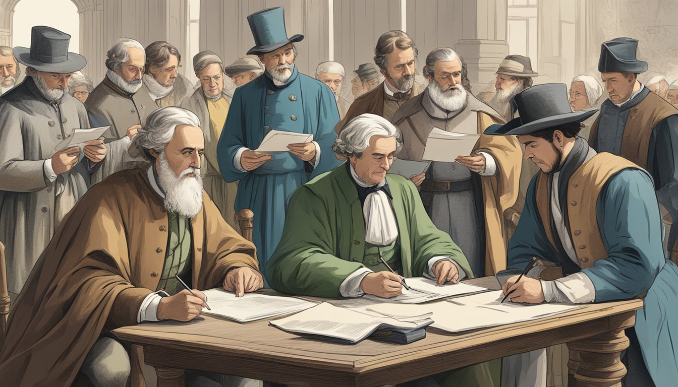 A group of people in historical attire discussing and signing documents related to critical illness insurance