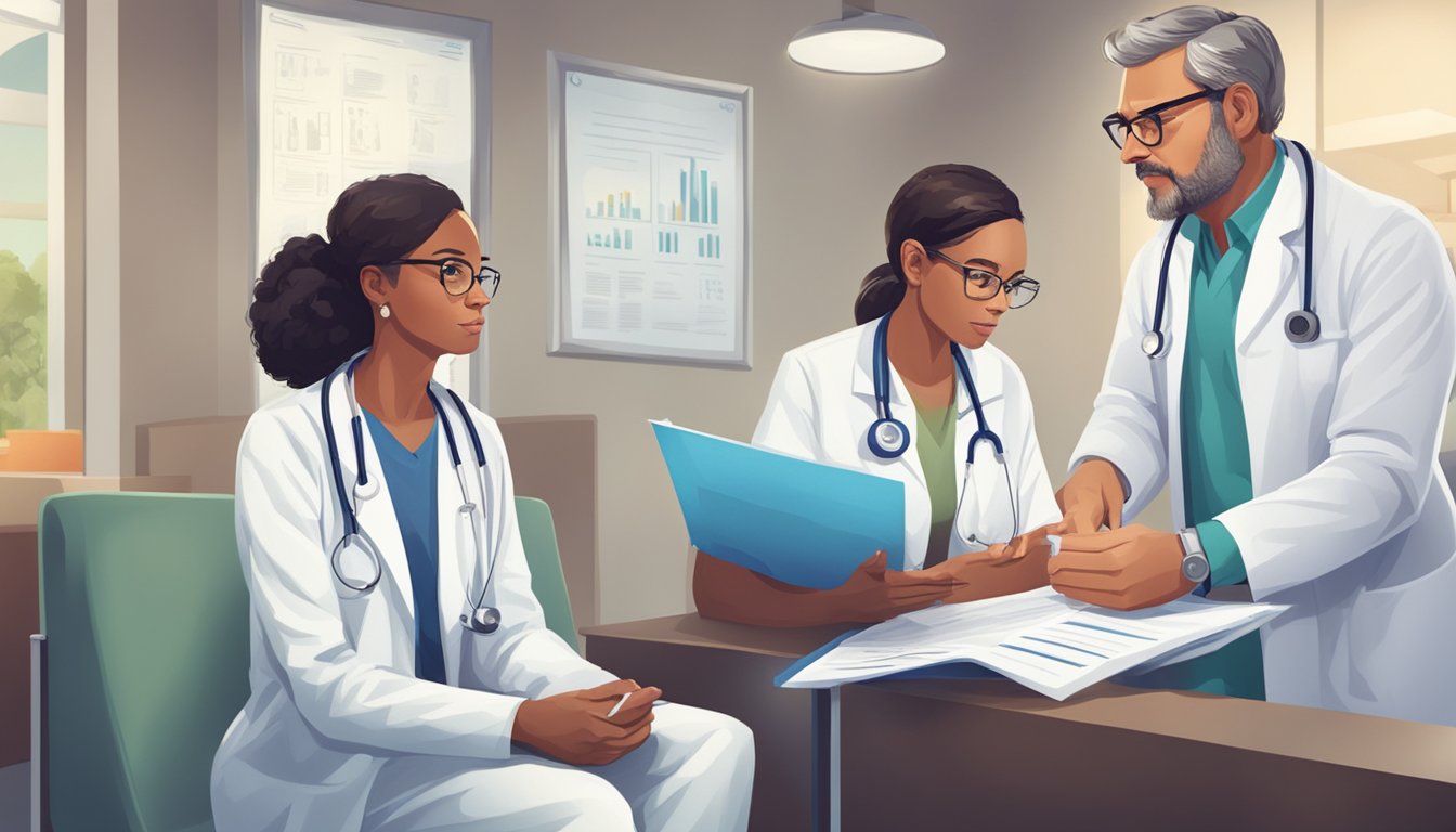 A doctor in a lab coat reviewing medical charts and discussing critical illness insurance with a concerned family in a hospital waiting room