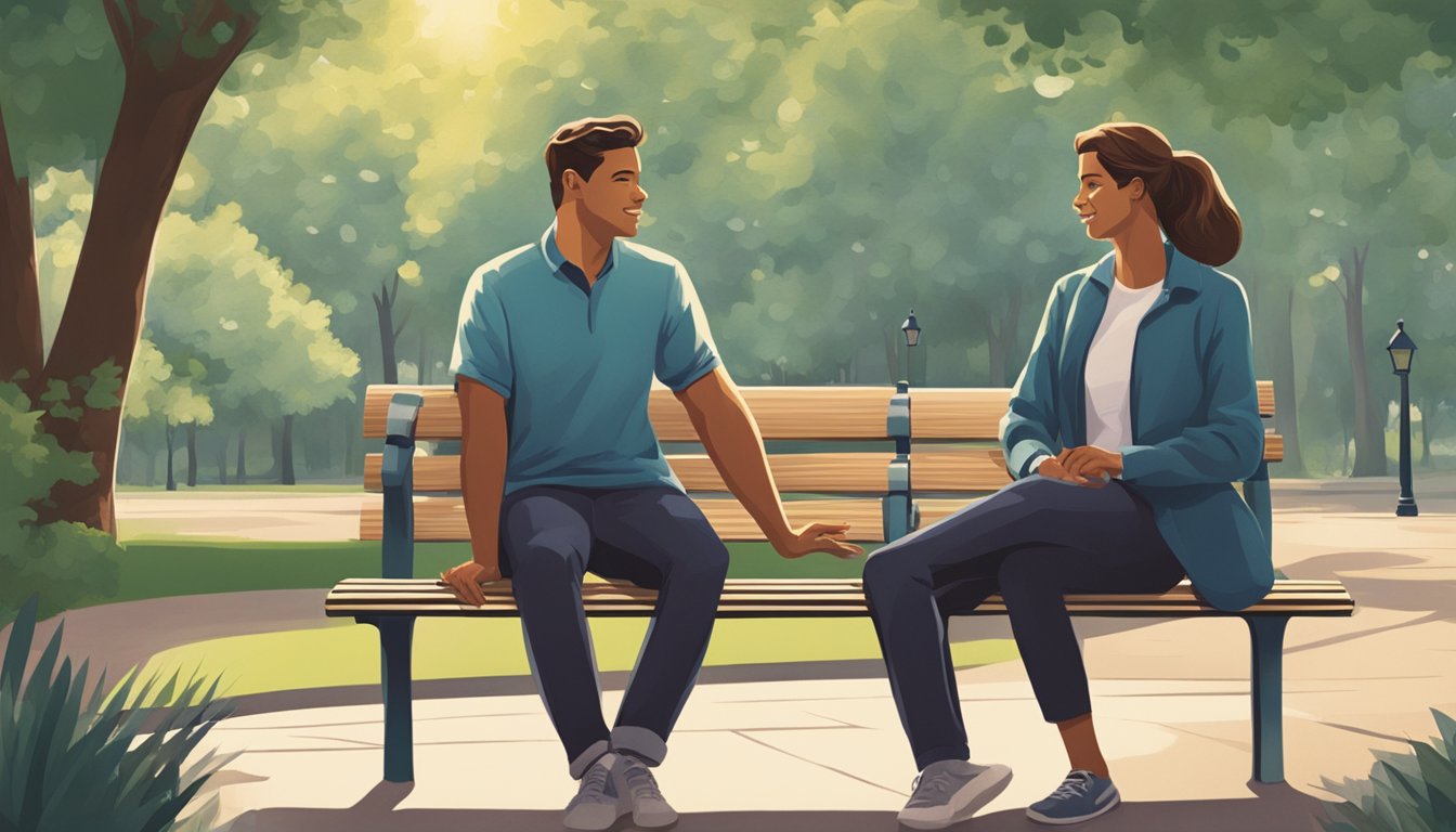 A couple sitting on a park bench, one person reaching out to the other with a hopeful expression