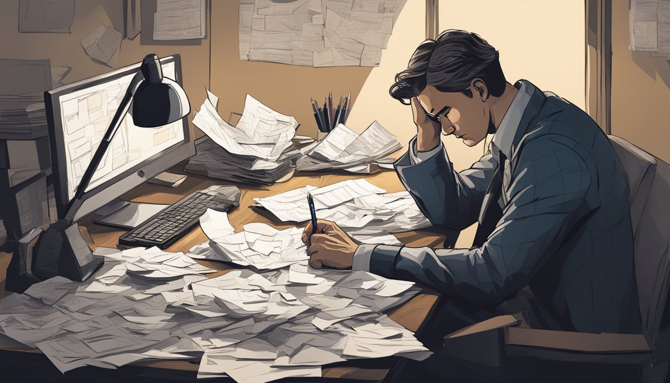 A man sits at a desk, pen in hand, surrounded by scattered papers and a crumpled letter. The room is dimly lit, creating a somber atmosphere