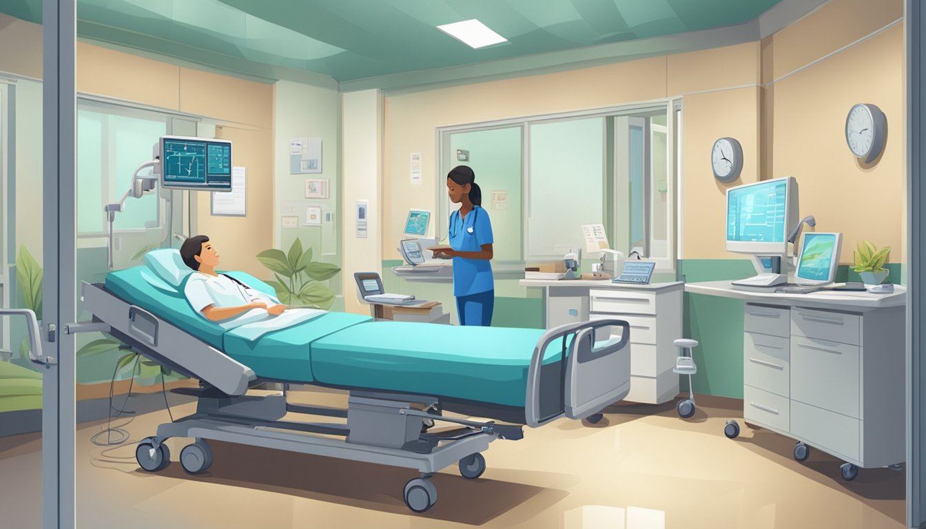 A hospital room with medical equipment and a patient's bed. An insurance agent discussing critical illness coverage with a concerned family