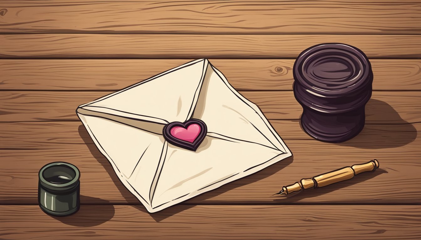 A sealed envelope with a heart-shaped wax seal, placed on a rustic wooden table with a quill pen and inkwell