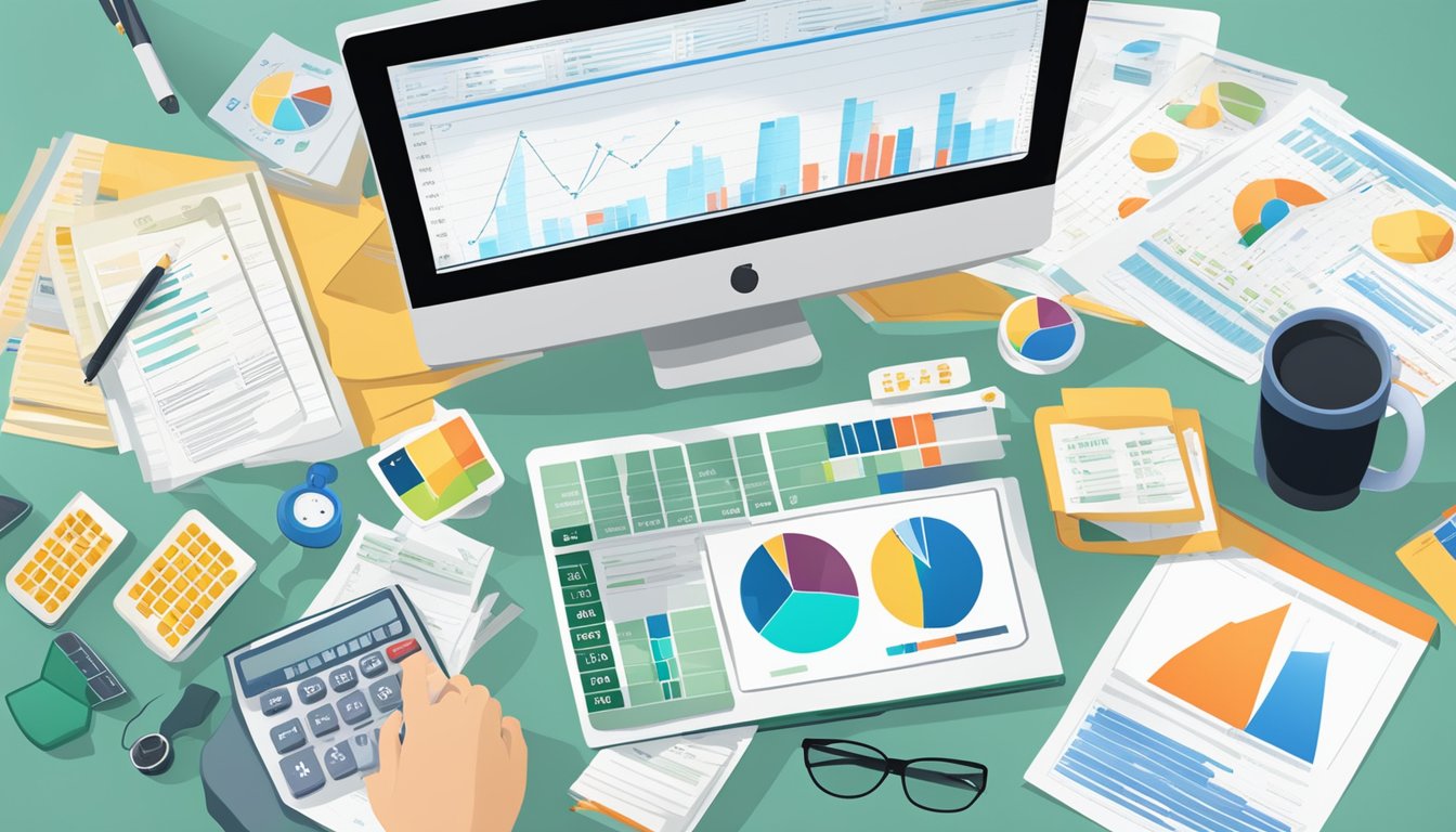 A desk cluttered with financial documents, a calculator, and a computer screen displaying charts and graphs related to healthcare finances and critical illness insurance