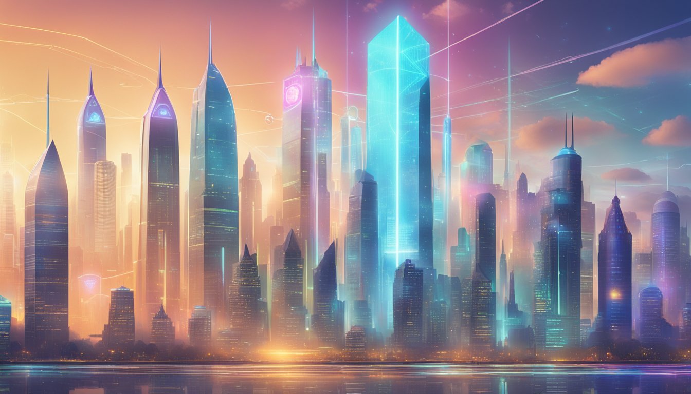 A futuristic city skyline with a holographic timeline of the history of critical illness insurance projected above it