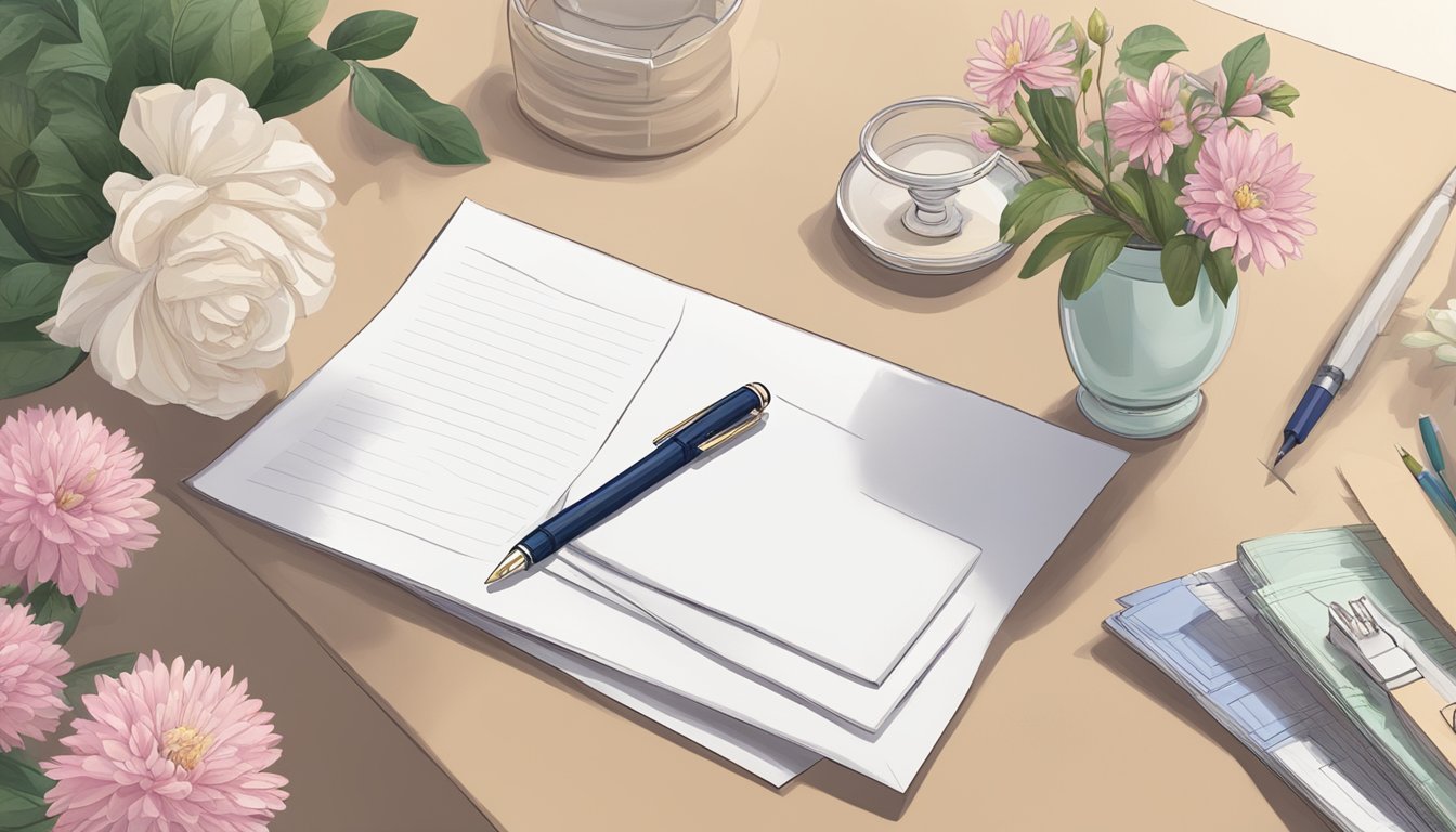 A desk with a blank piece of paper, a fountain pen, and a sealed envelope. A vase of fresh flowers sits nearby