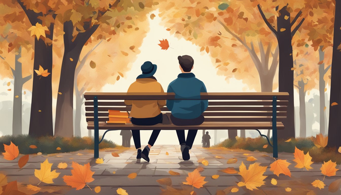 Two individuals sitting on a park bench, surrounded by falling autumn leaves, looking at old photographs and letters