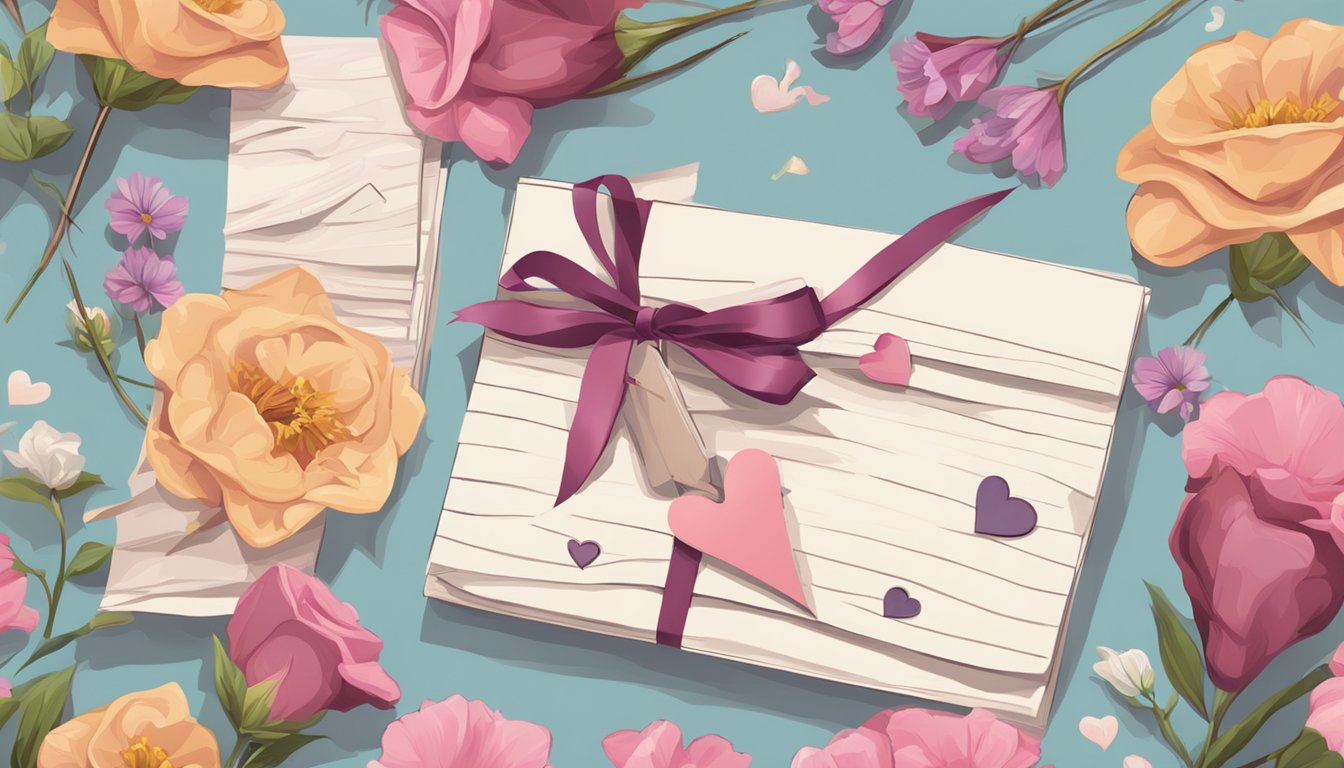 A stack of love letters tied with a ribbon, surrounded by wilted flowers and a broken heart charm