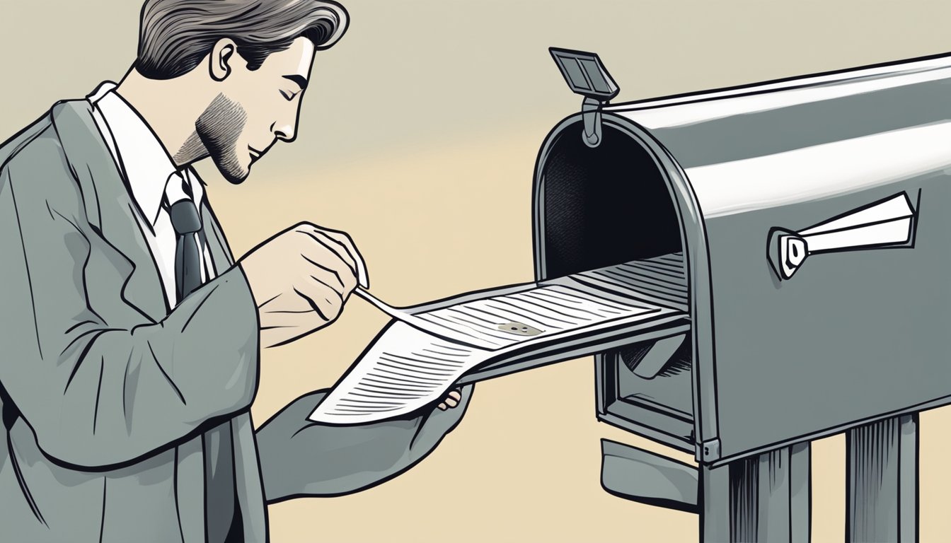 A person's hand drops a letter into a mailbox, with a hopeful expression on their face