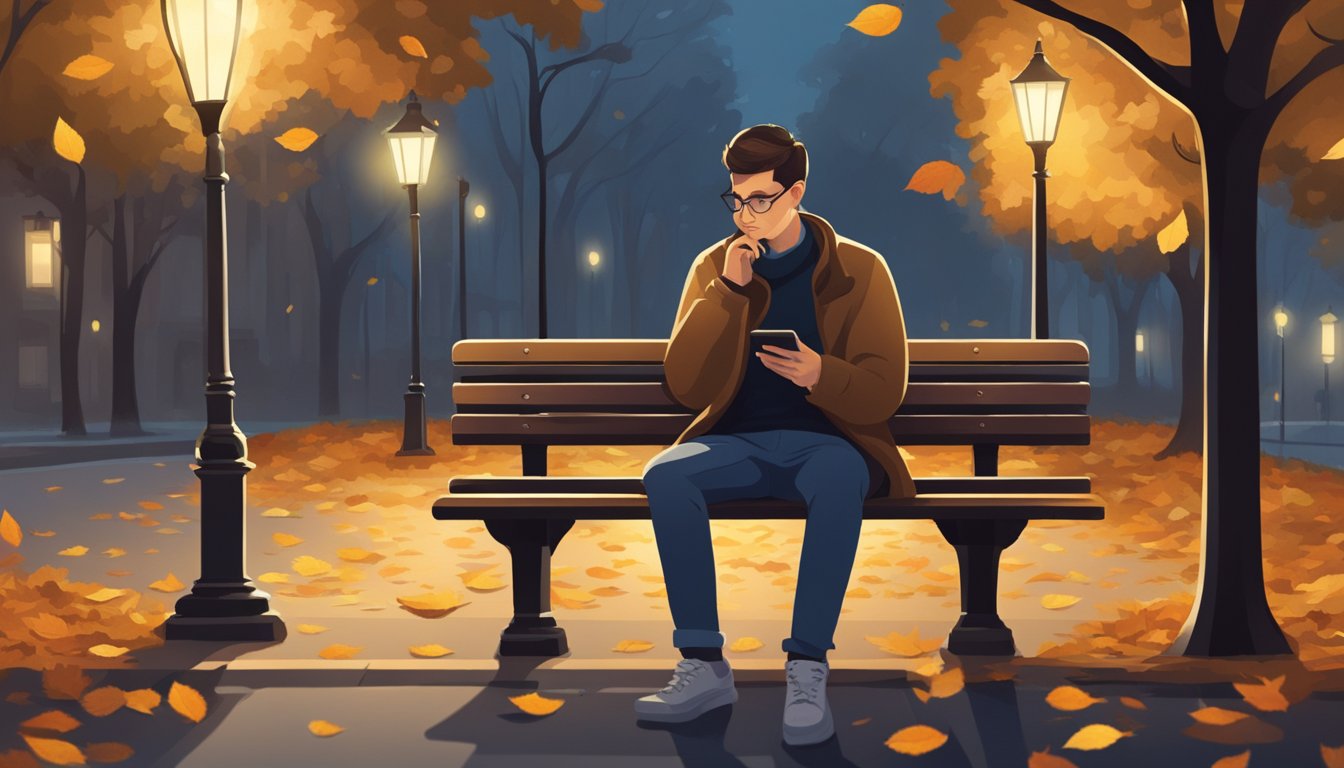 A person sitting alone on a park bench, surrounded by fallen leaves and a dimly lit street lamp, staring at their phone with a pensive expression