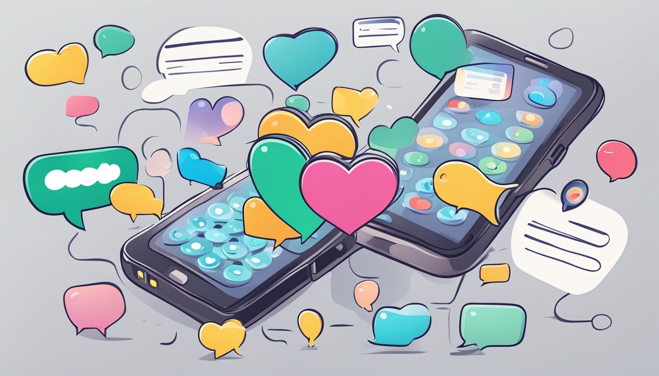 A cellphone with a series of text message bubbles, some with heart emojis and others with thoughtful responses