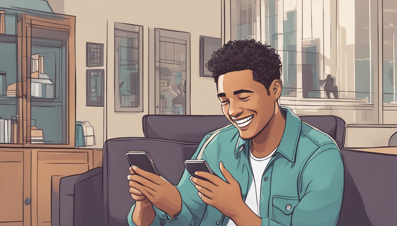 A person receiving a joyful text message from their ex, with a smile on their face