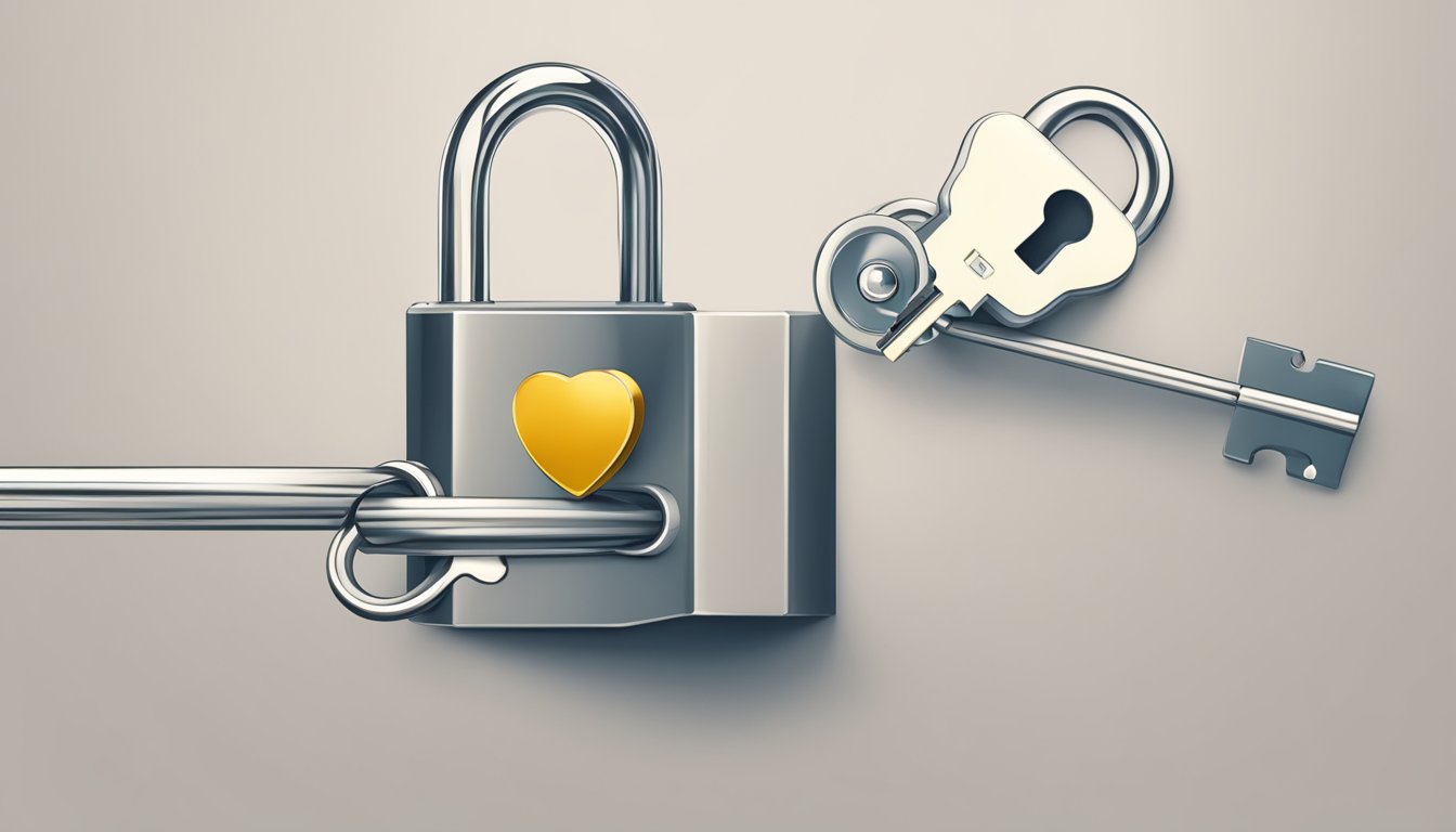 A heart-shaped lock being opened by a key, with a path leading forward