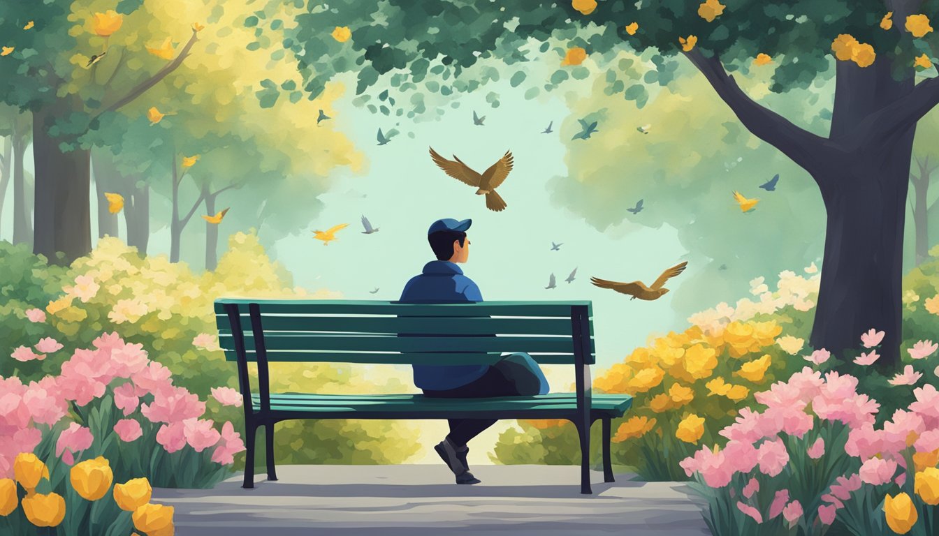 A person sitting alone on a park bench, surrounded by blooming flowers and chirping birds, looking contemplative