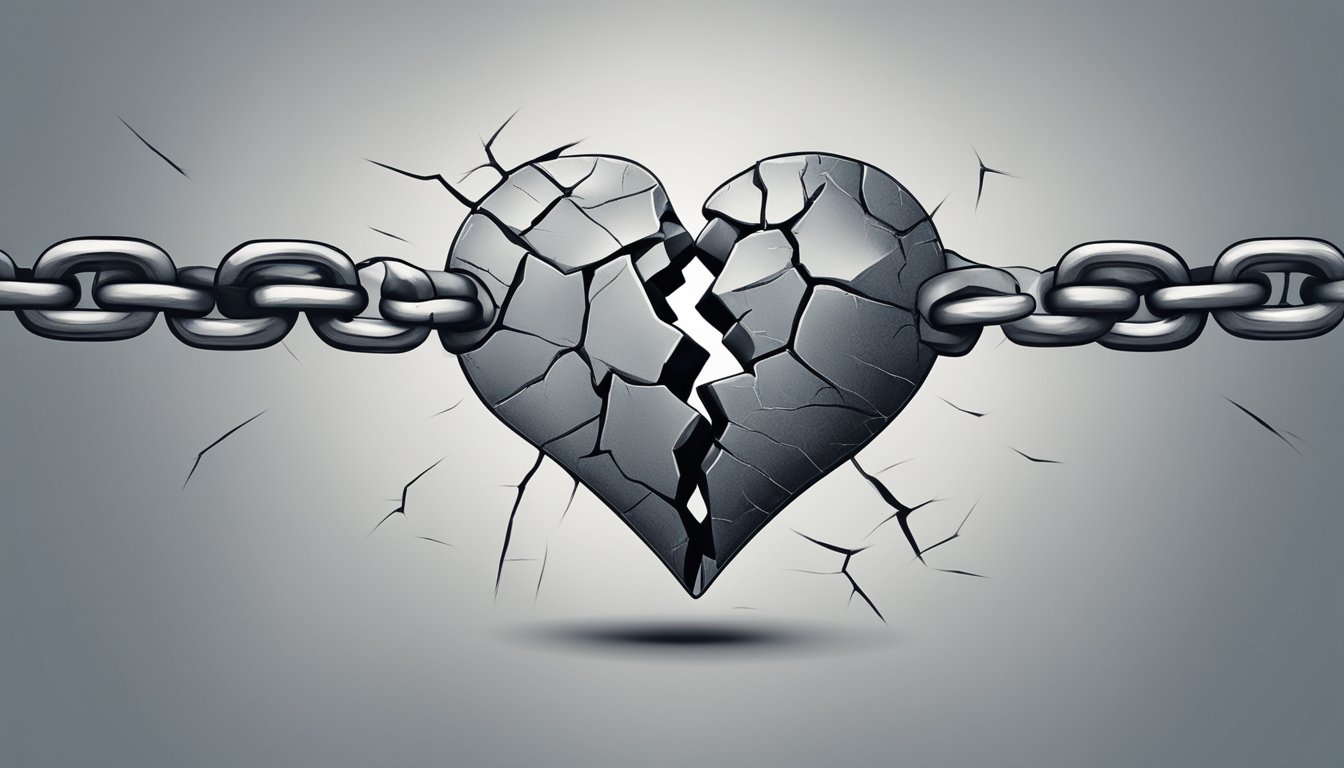 A broken heart symbolized by a cracked chain, one side drifting away while the other holds on