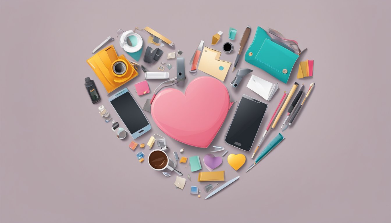 A couple's belongings arranged in a heart shape, with a broken piece missing