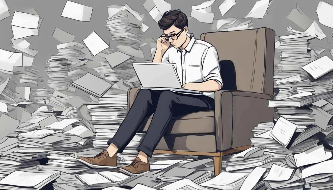 A person sitting alone, surrounded by scattered papers and a notebook, deep in thought with a pensive expression