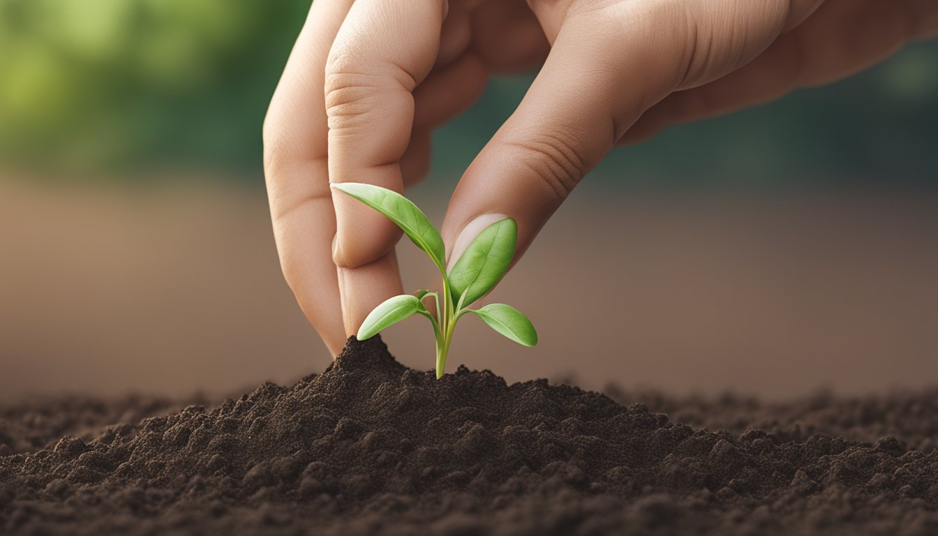 A person's hand planting a seed in fertile soil, with a small sprout beginning to emerge