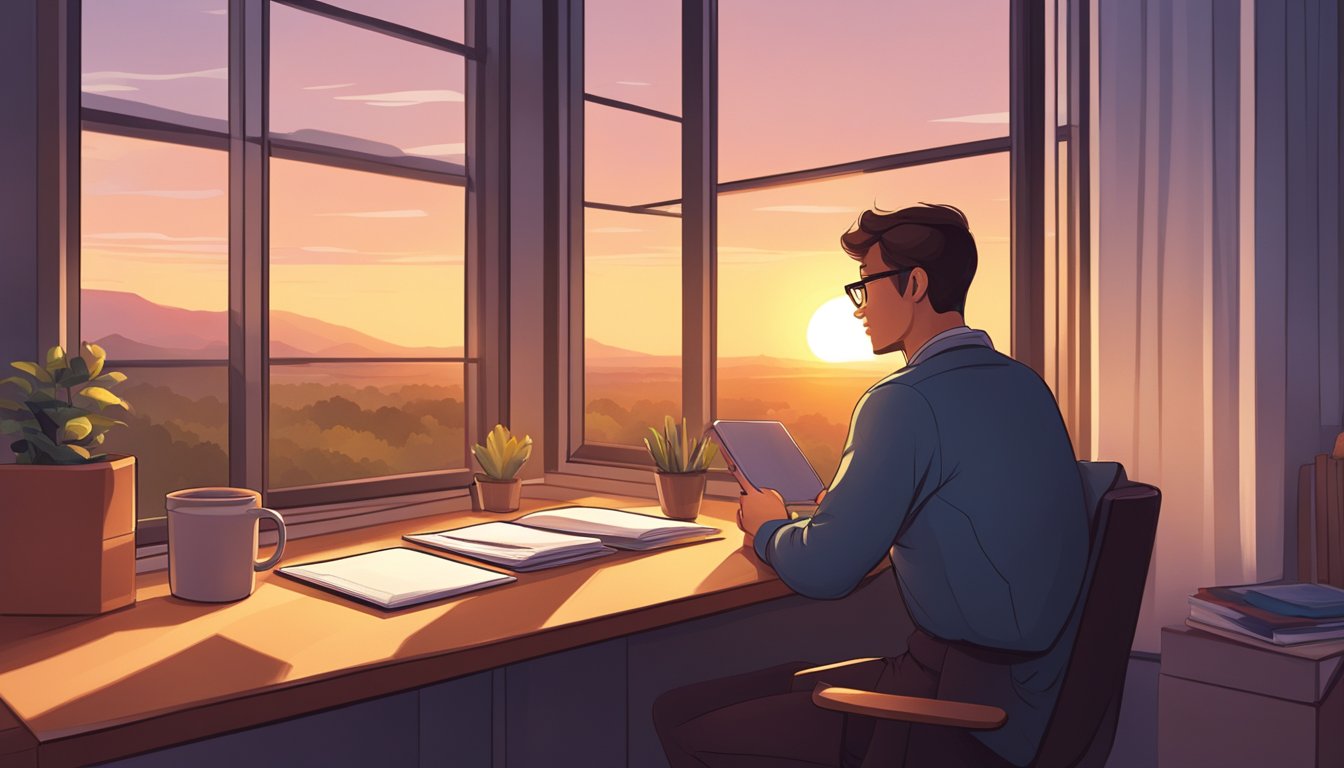 A person sits at a desk with a notepad, pen, and a phone, looking contemplative. Outside the window, a sunset casts a warm glow over the landscape