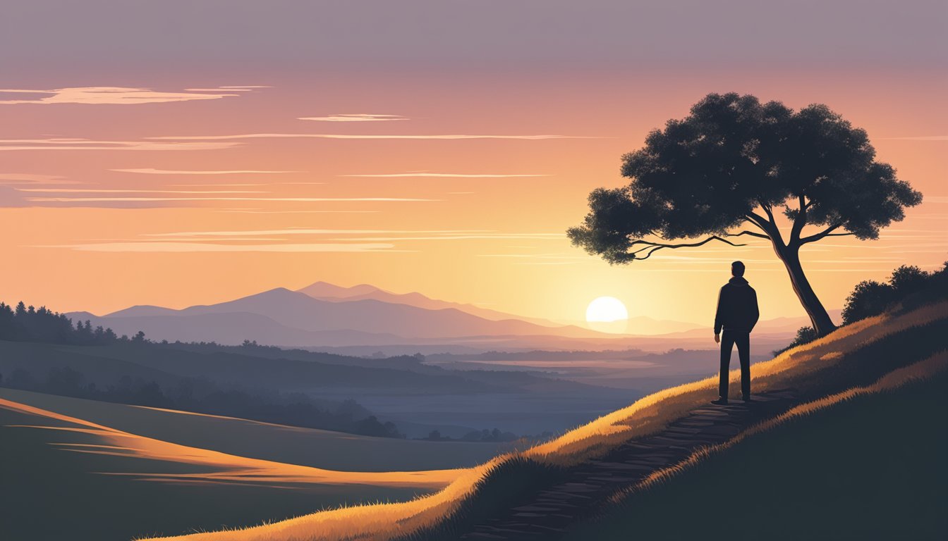 A person standing alone on a hill, gazing at a sunset with a determined expression