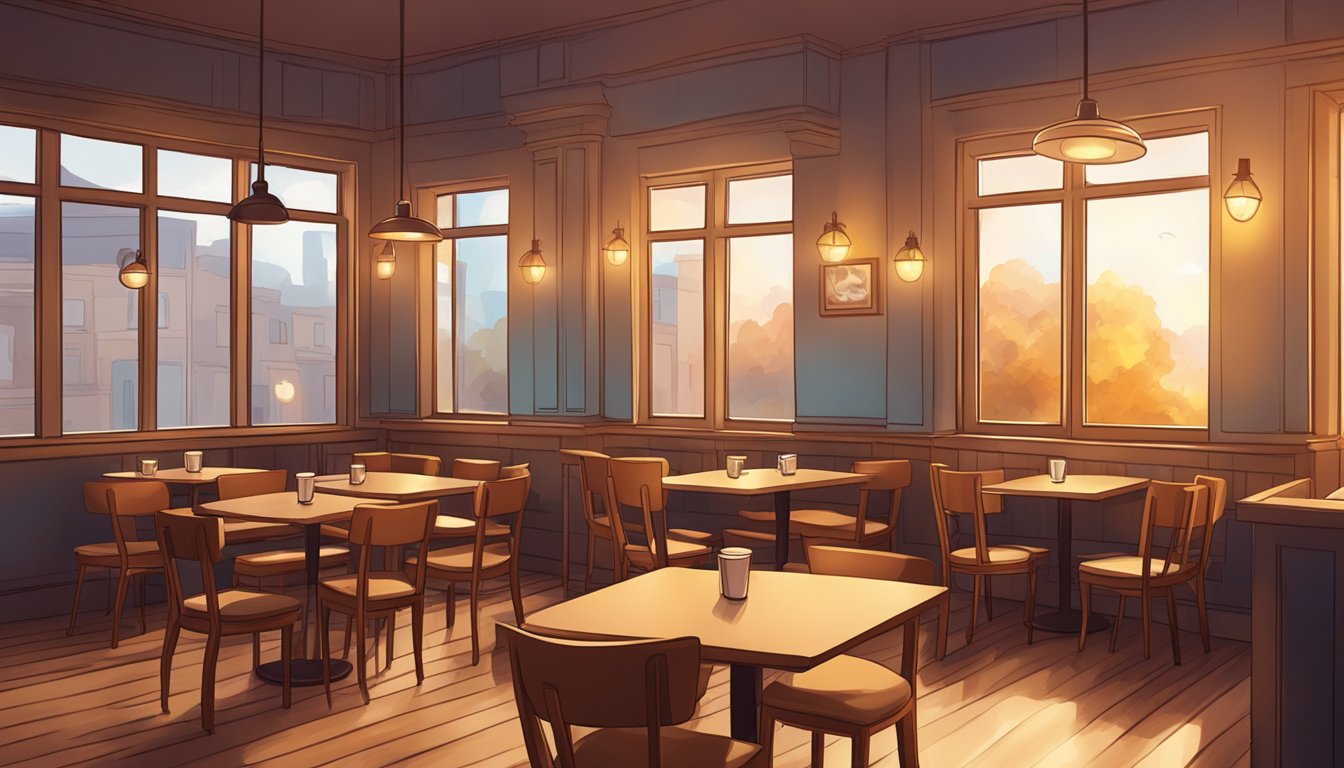 A cozy coffee shop with two empty chairs facing each other, surrounded by warm lighting and soft background music