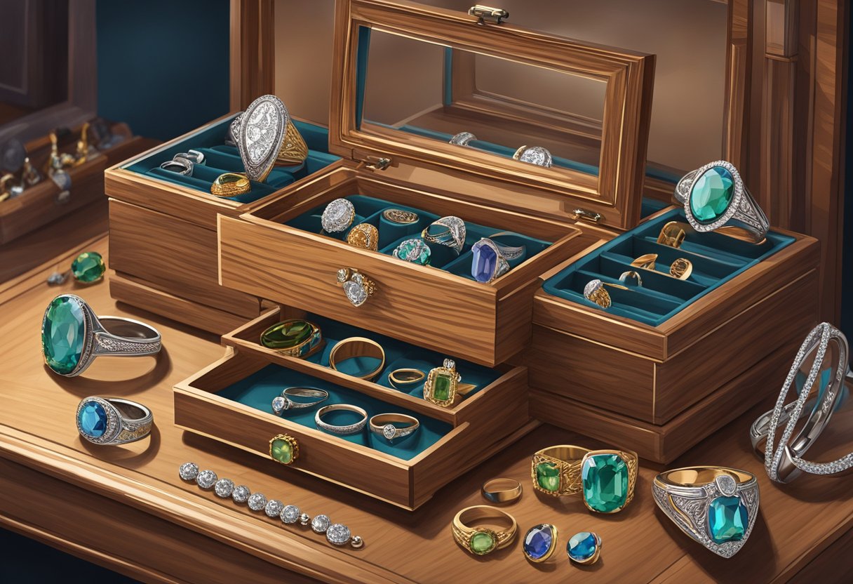 A handcrafted wooden jewelry box open on a dresser, revealing a collection of polished men's rings in various styles and materials