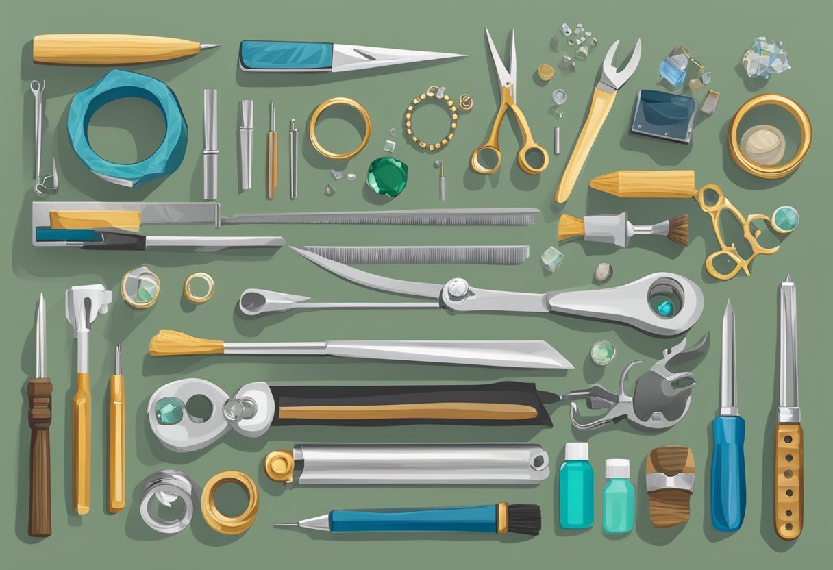 A jeweler's workbench with various tools and cleaning supplies laid out, surrounded by a collection of men's rings in need of maintenance