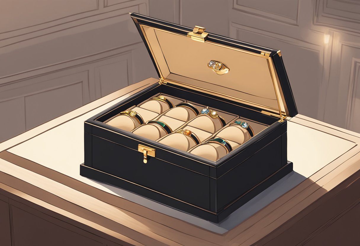 A sturdy wooden jewelry box sits on a velvet-lined shelf, filled with neatly organized men's rings. The soft lighting casts a warm glow, creating a sense of security and care