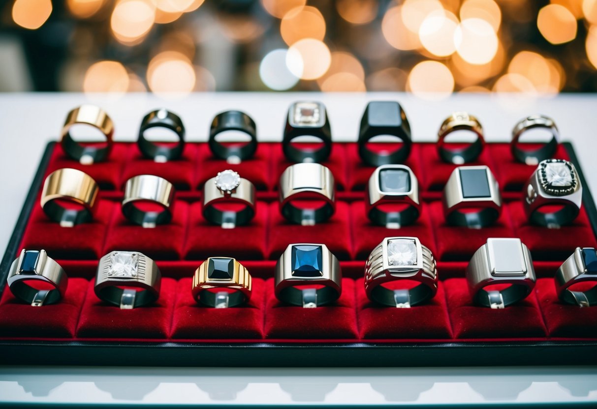 A collection of various men's rings arranged by size on a velvet display pad