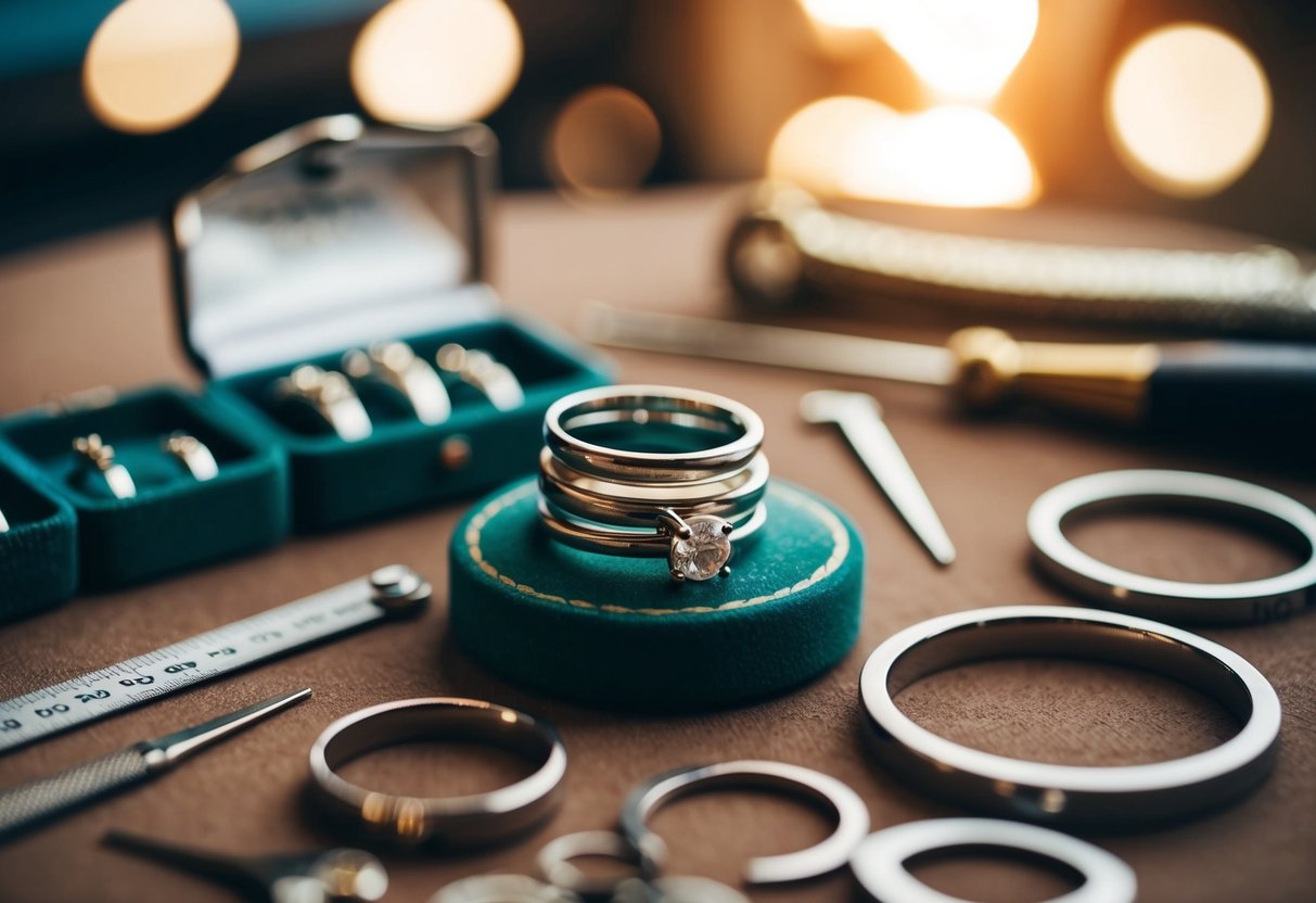 A jeweler's table with various ring sizers and measuring tools