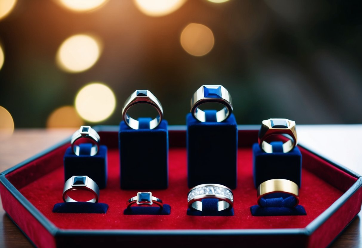 A variety of men's rings in different sizes displayed on a velvet-lined tray