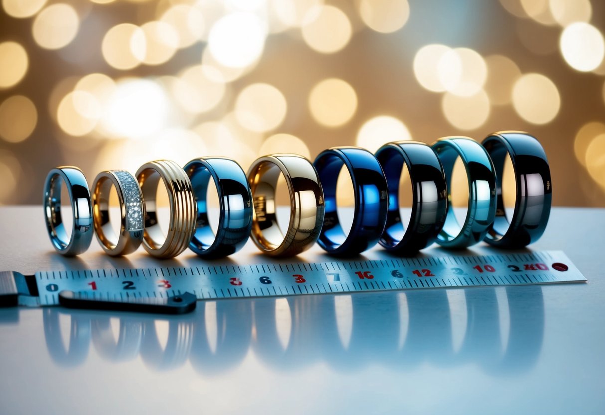 A collection of various men's rings arranged in a row, with a measuring tool nearby to indicate the average ring size