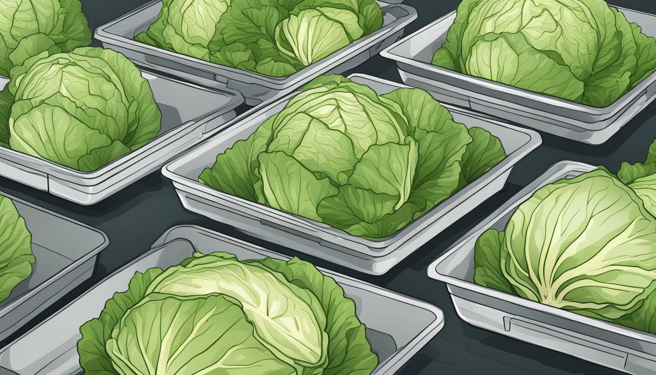 Fresh cabbage slices laid out on dehydrator trays, surrounded by equipment for monitoring the dehydration process