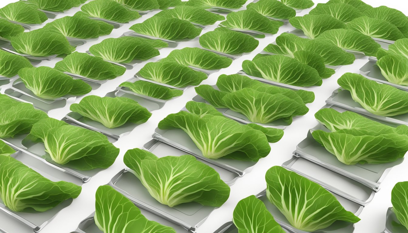 Fresh cabbage slices arranged on dehydrator trays, with the dehydrator set to the recommended temperature and time for drying