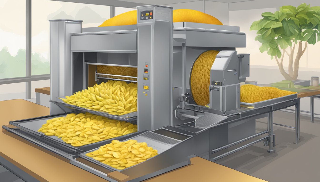 Fresh jackfruit being sliced and placed on dehydrator trays, with the machine running and warm air circulating around the fruit