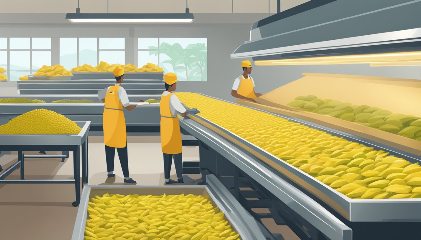 Fresh jackfruit being sliced and placed on dehydrator trays. The trays are then stacked and set to dry, with the machine humming softly in the background