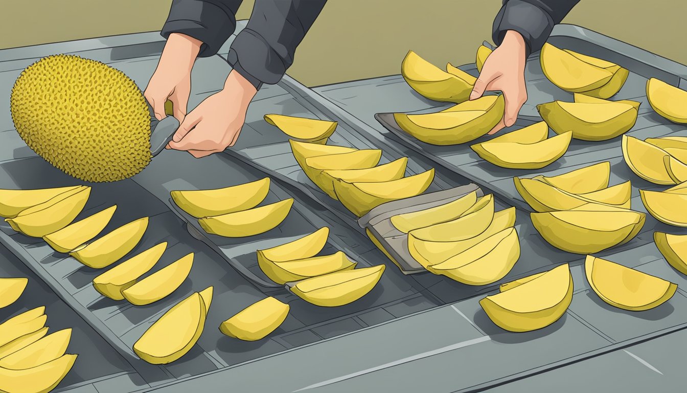 Ripe jackfruit being sliced and placed on dehydrator trays