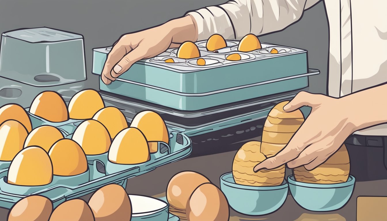 A hand reaching for a carton of eggs, a bowl with separated yolks, and a dehydrator in the background