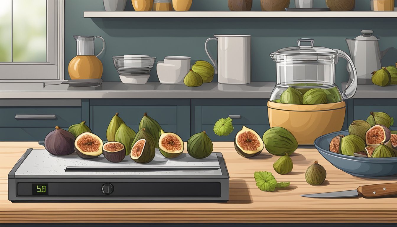 A kitchen counter with a dehydrator, a bowl of fresh figs, a cutting board, and a knife