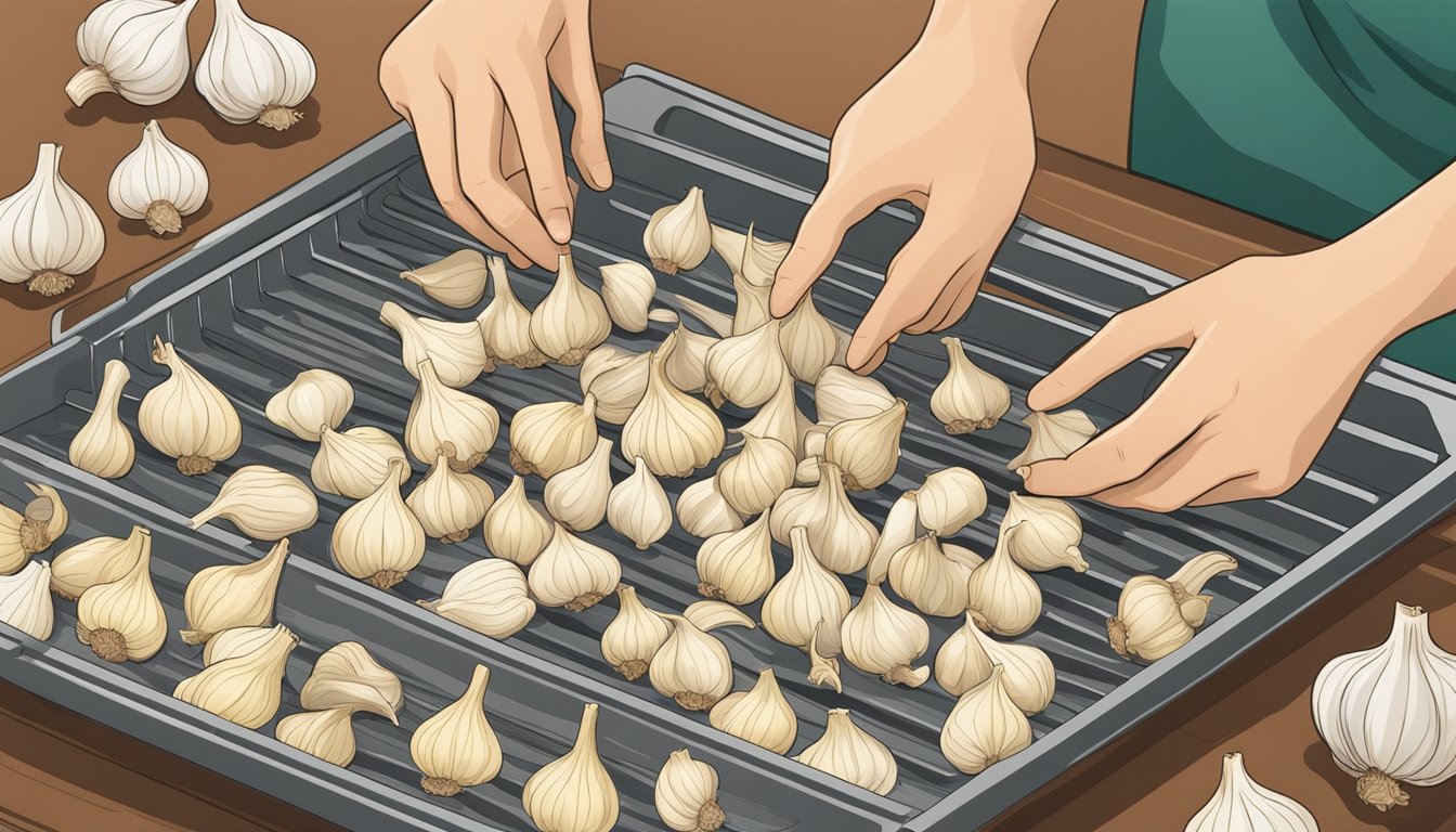 Garlic bulbs being sliced into thin pieces and laid out on a dehydrator tray