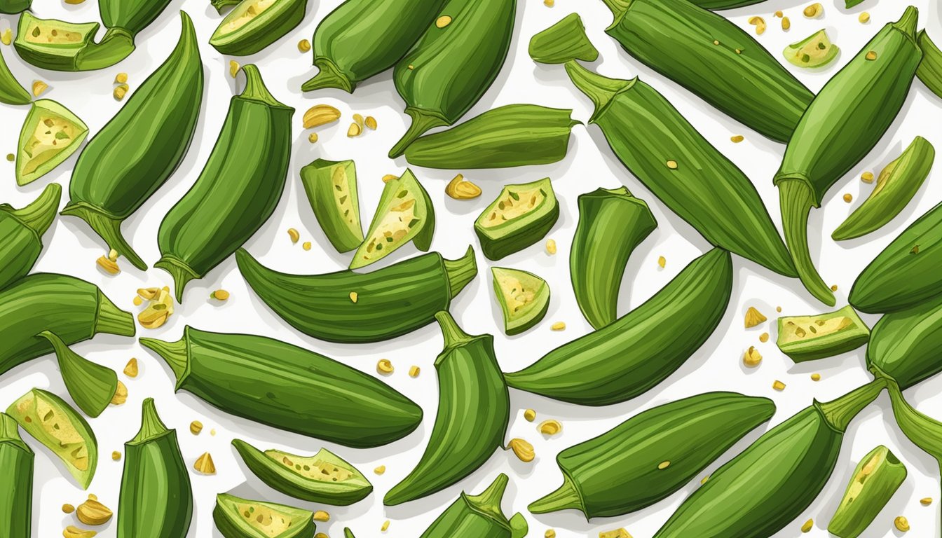 Okra slices scattered on a dehydrator tray, sprinkled with seasoning