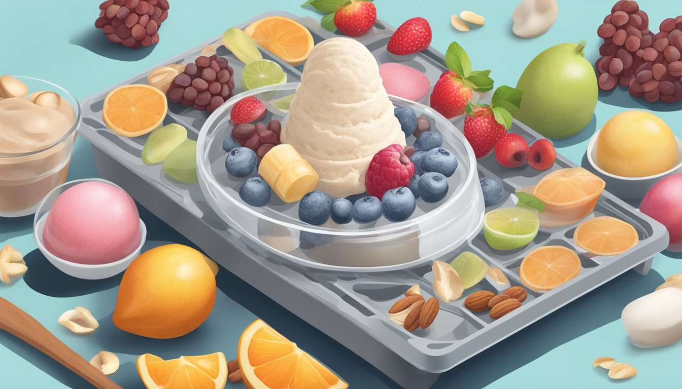 Ice cream being placed on a dehydrator tray, surrounded by various fruits and nuts for alternative dehydration methods