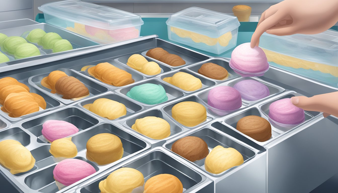 Ice cream being placed on dehydrator trays, with sealed packaging and storage containers in the background