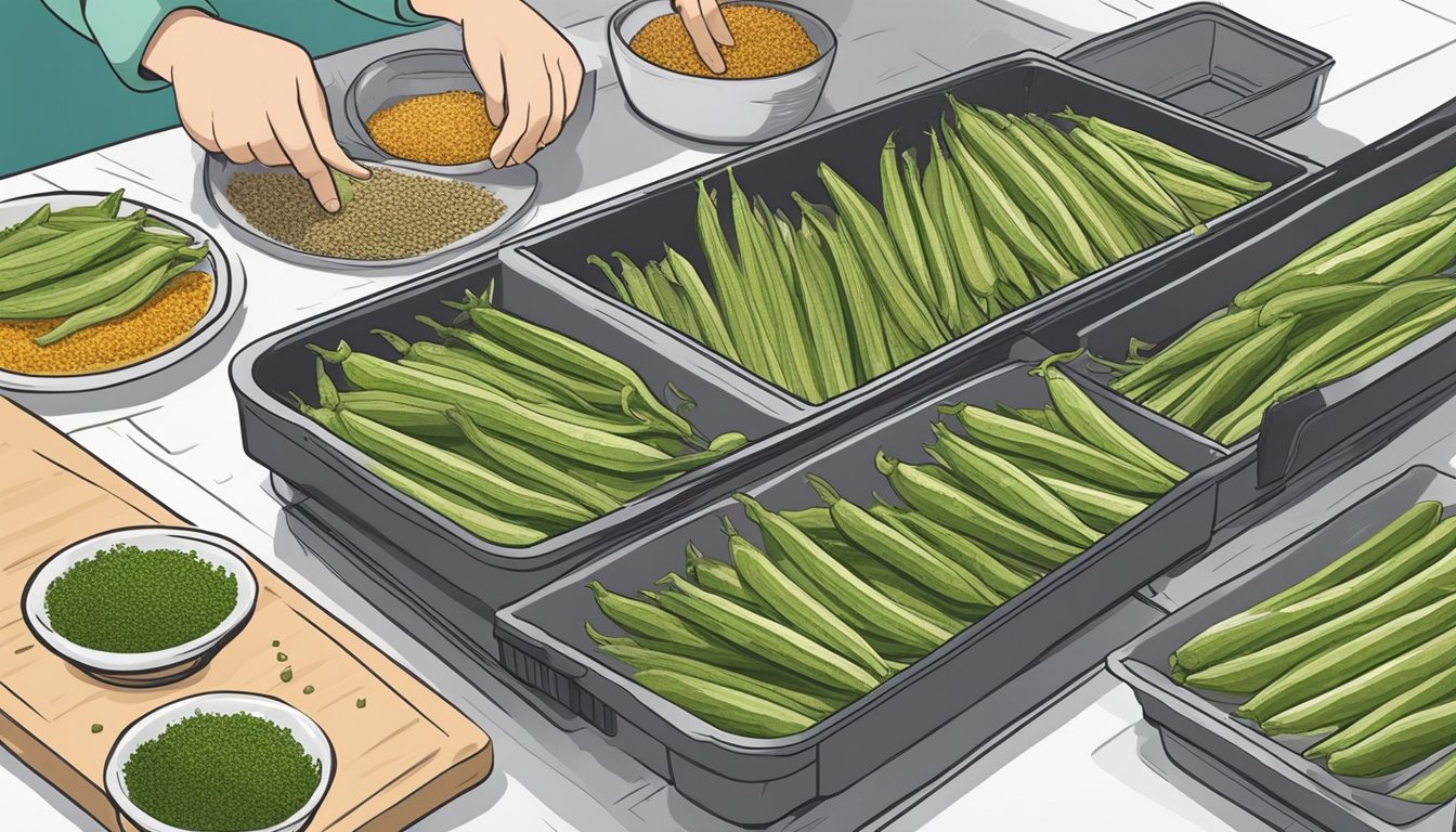 Fresh okra being sliced and arranged on dehydrator trays, with a variety of seasonings and herbs nearby