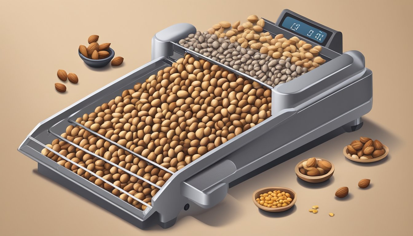 Whole nuts spread out on a dehydrator tray, with the machine set to a low temperature, and a timer counting down